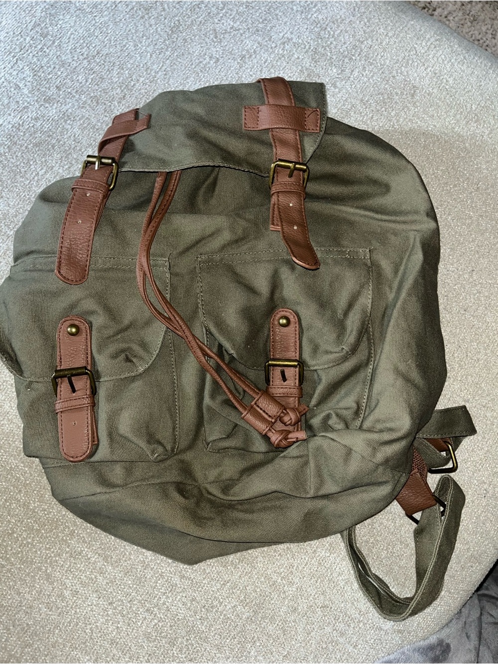 Mossimo Supply Co. Olive Green Canvas Backpack with Brown Trim